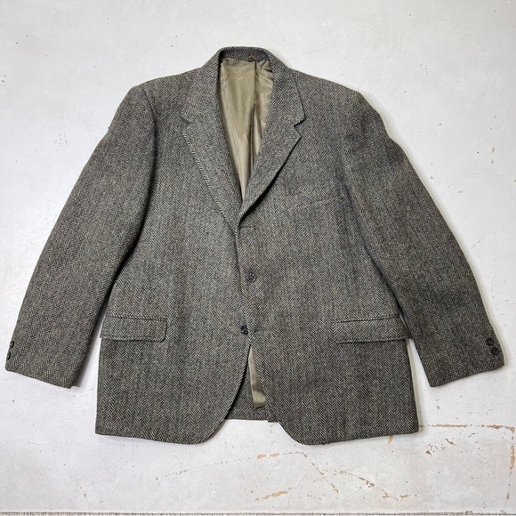 Vintage Harris Tweed Olive/Navy Herringbone 100% Scottish Virgin Wool Sport Coat - Picture 12 of 12
